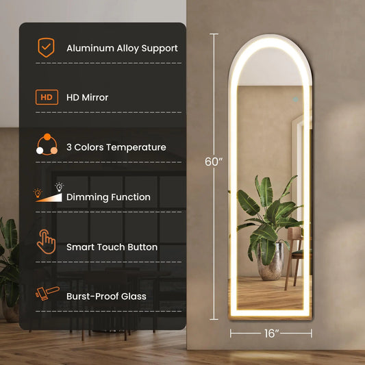 Floor Mirror Stand Mirror Full Length with LED Lights, Floor Mirror Dimming & 3 Color Lighting