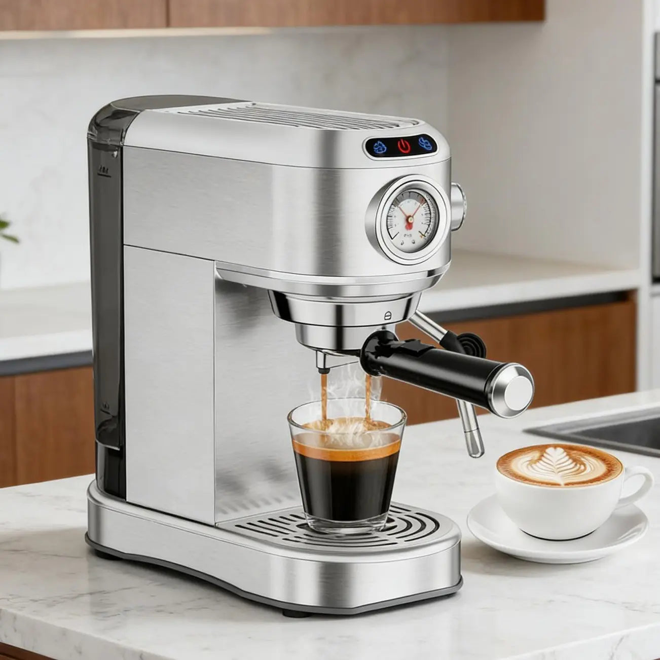 Semi-Automatic 20-Bar at Home Espresso Machine, 1450W Compact yet Powerful Coffee Maker with Milk Frother Steam Wand, 34Oz Water Tank for Latte, Barista Life Brewing Needs, Latte at Home