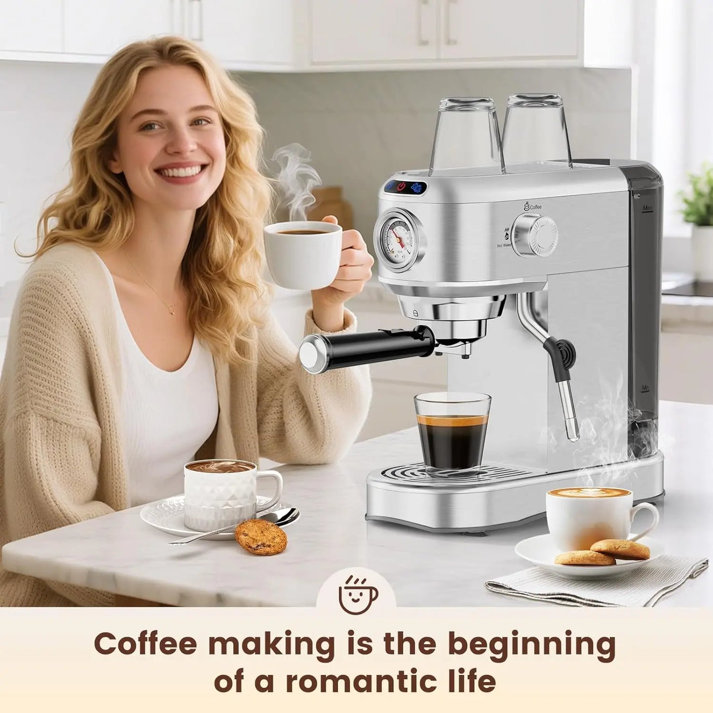 Semi-Automatic 20-Bar at Home Espresso Machine, 1450W Compact yet Powerful Coffee Maker with Milk Frother Steam Wand, 34Oz Water Tank for Latte, Barista Life Brewing Needs, Latte at Home