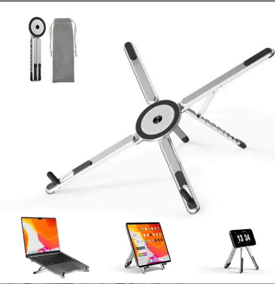 Viozon Portable Laptop Stand for Desk, Foldable Adjustable Computer Riser with Magnetic Phone Holder, Aluminum Laptop Stand for 10–16” Laptops & 4–13” Phones/Tablets (Silver)