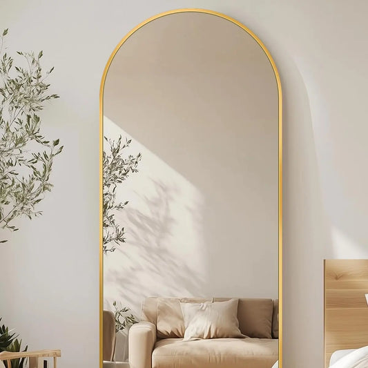 Antok Oversized Arched Full Length Mirror with Stand Floor Free Standing Aluminum Frame for Bedroom Body Hanging Leaning Modern Simple Home Decor Shatter-Proorf Nano Glass Wall, Gold/Black-Rounded