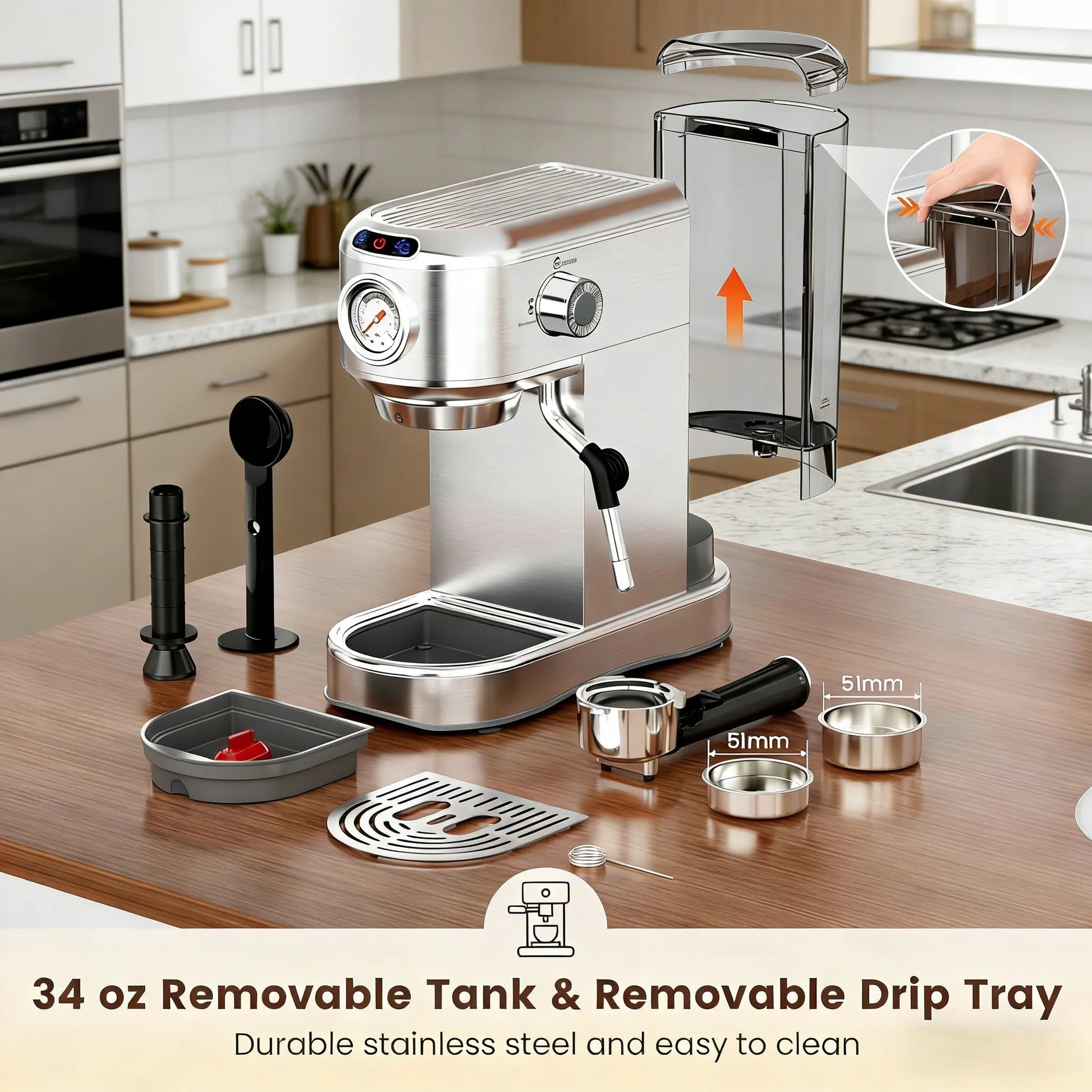Semi-Automatic 20-Bar at Home Espresso Machine, 1450W Compact yet Powerful Coffee Maker with Milk Frother Steam Wand, 34Oz Water Tank for Latte, Barista Life Brewing Needs, Latte at Home